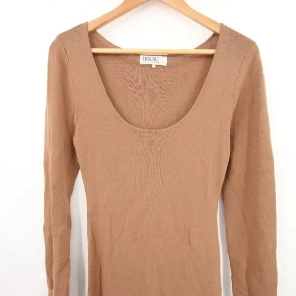 House of CB London Maxi Dress Tan Nude Ribbed Long Sleeve Slit Scoop Neck Large - Picture 3 of 11